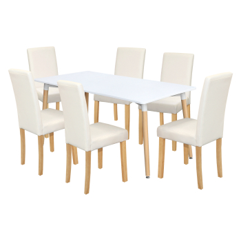 Esstisch ONE 160x90 weiß + 6 Stühle PRIMA weiß/helle Beine